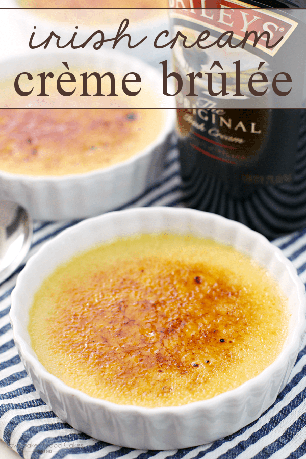Irish Cream Crème Brûlée in white bowls with a bottle of Baileys.