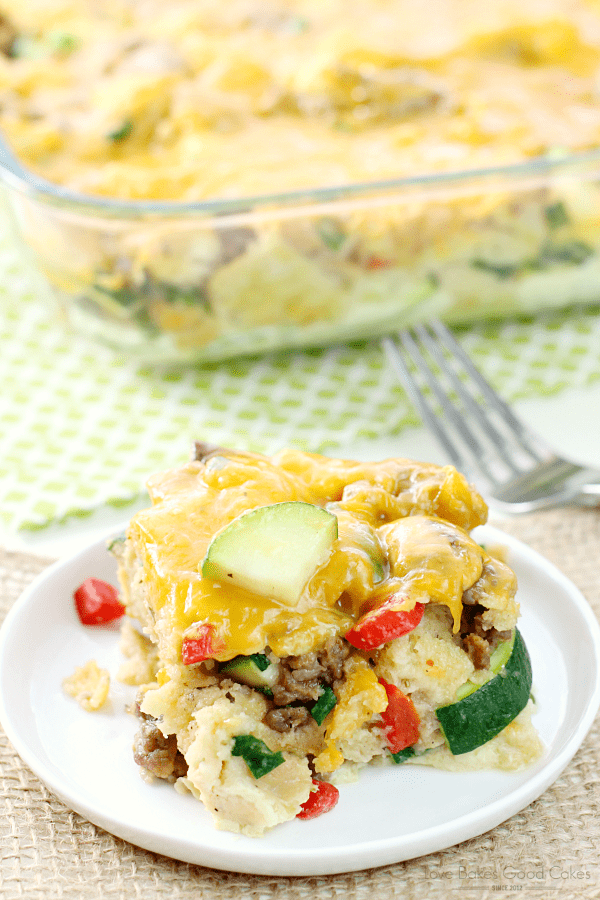 Overnight Italian Brunch Casserole on a white plate with a fork.