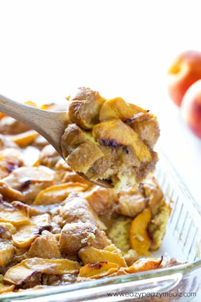 Peach Cobbler Overnight French Toast Casserole in a casserole dish.