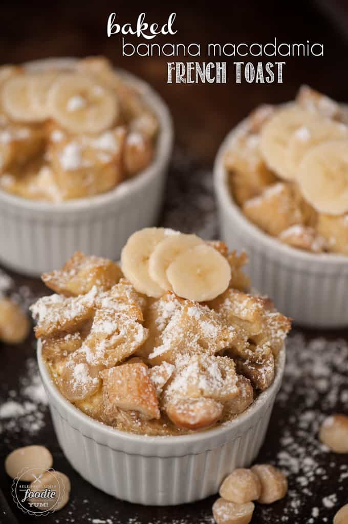 baked-banana-macadamia-french-toast in three bowls.