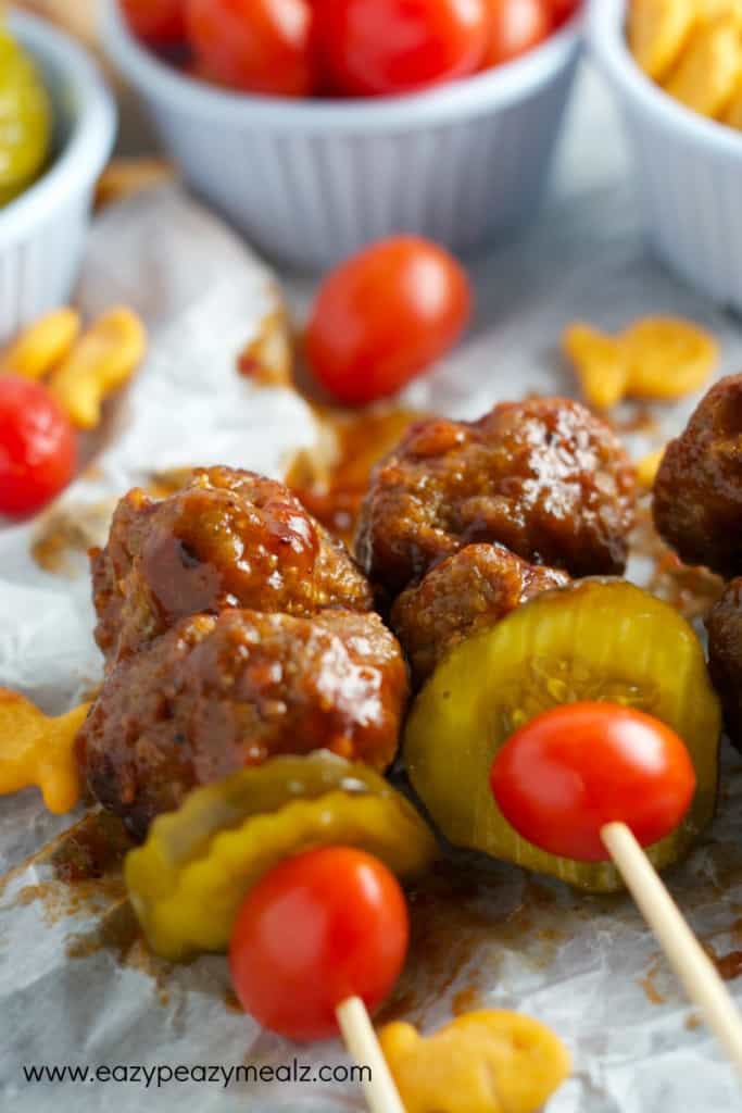 BBQ Bacon Cheeseburger Meatballs on skewers. 