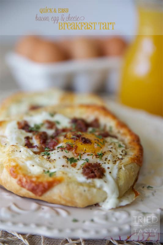 Quick & Easy Bacon, Egg & Cheese Breakfast Tart on a plate.