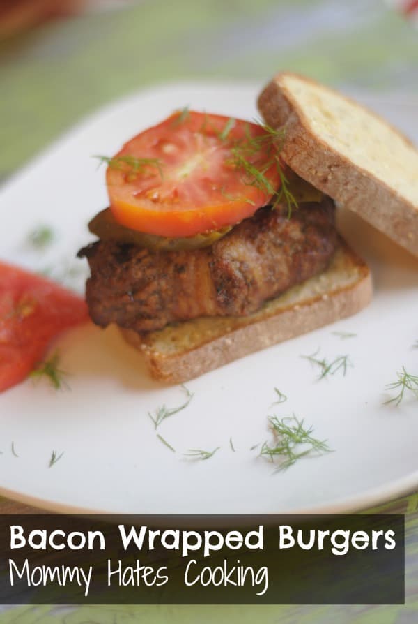 Bacon Wrapped Burgers on a white plate.