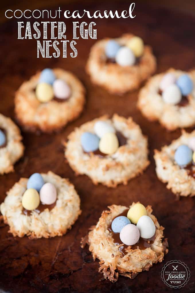 Coconut Caramel Easter Egg Nests on a cutting board.