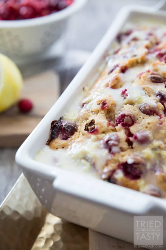 Lemon Cranberry Bread in a white casserole dish.