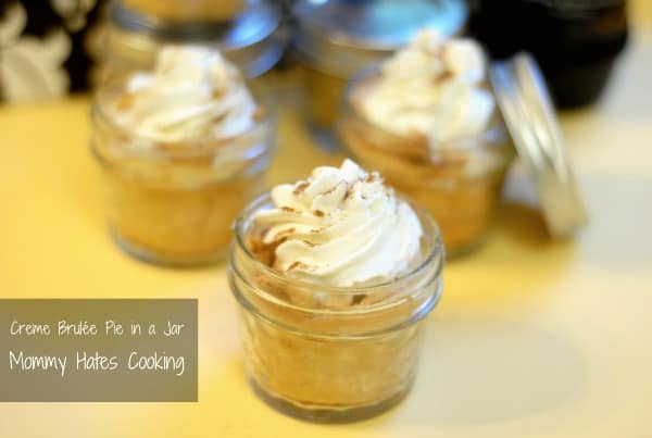 Creme Brulée Pie in a Jar in clear jars.