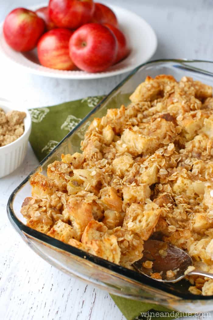 Overnight Apple Pie Stuffed French Toast in a casserole dish.