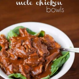Enjoy a quick, delicious, and healthy dinner by making 10 Minute Mole Chicken Bowls with chicken, mole sauce, brown rice, & veggies using a pressure cooker.