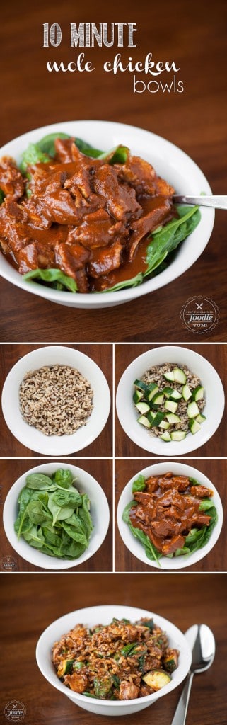 Enjoy a quick, delicious, and healthy dinner by making 10 Minute Mole Chicken Bowls with chicken, mole sauce, brown rice, & veggies using a pressure cooker.