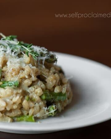 This Asparagus Risotto with Pecorino Romano recipe yields a creamy rich delicious dish that can be served as a side or star alone as its own entree.