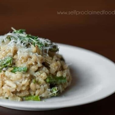This Asparagus Risotto with Pecorino Romano recipe yields a creamy rich delicious dish that can be served as a side or star alone as its own entree.