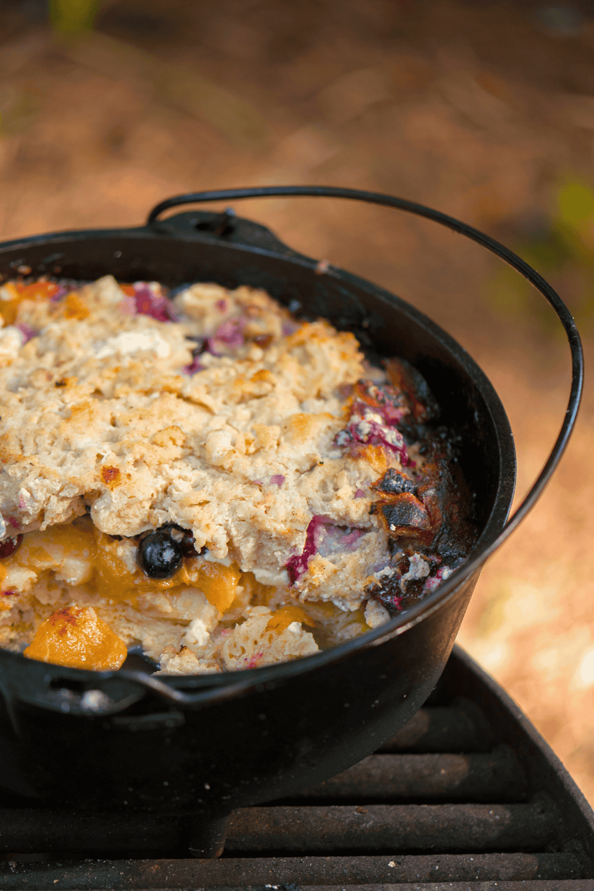 camping blueberry peach cream cheese French toast in a Dutch oven.