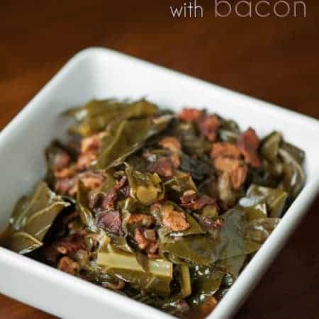 Collard Greens with Bacon, lots of bacon, are a tasty summertime Southern side that pairs well with barbecued meats, baked beans, potato salad, and coleslaw.