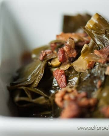 Collard Greens with Bacon, lots of bacon, are a tasty summertime Southern side that pairs well with barbecued meats, baked beans, potato salad, and coleslaw.