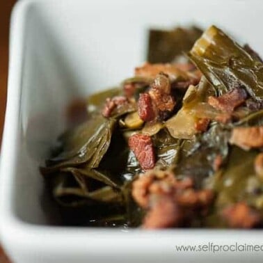 Collard Greens with Bacon, lots of bacon, are a tasty summertime Southern side that pairs well with barbecued meats, baked beans, potato salad, and coleslaw.