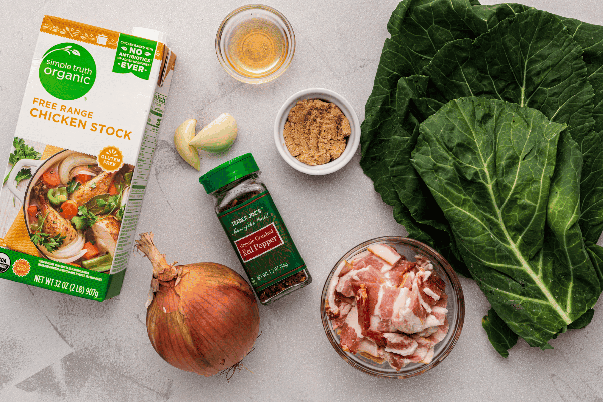 ingredients to make collard greens and bacon.