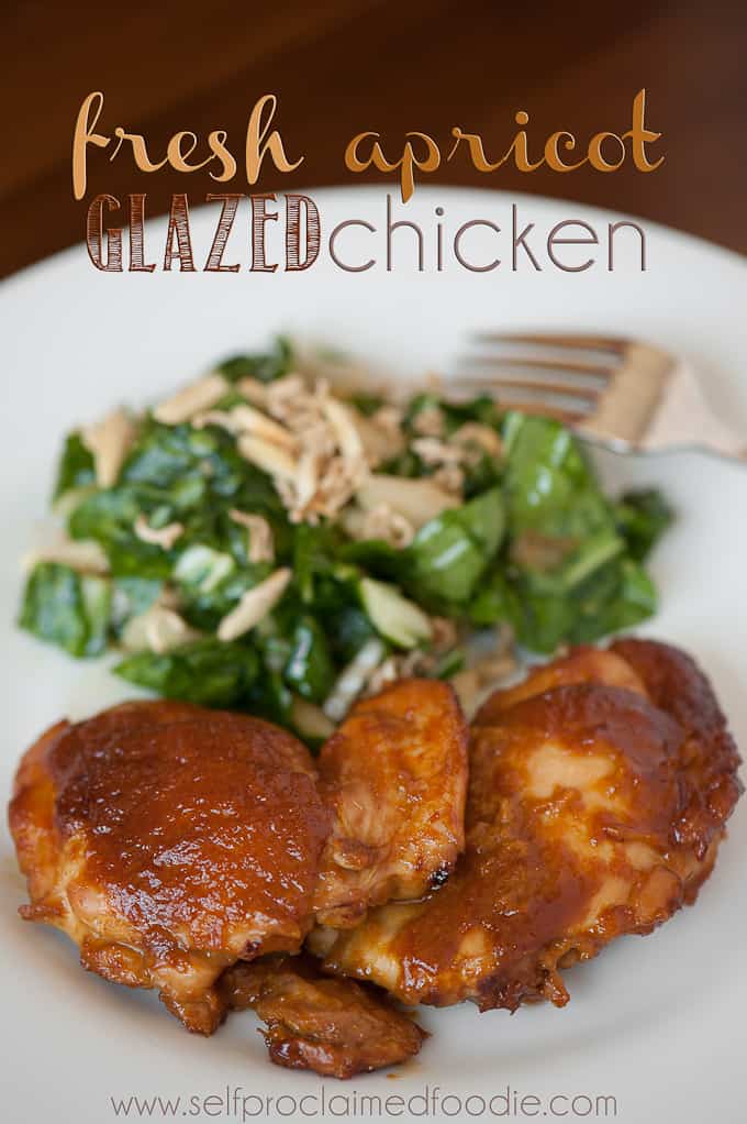 apricot chicken thighs on plate with salad