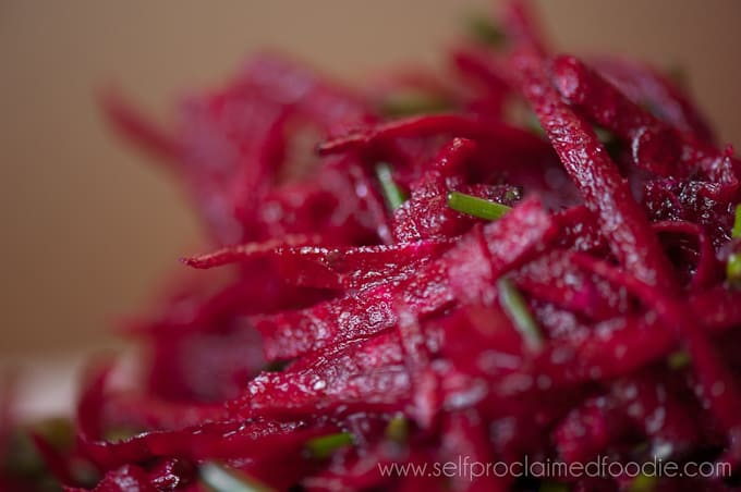 close up of shredded beet salad