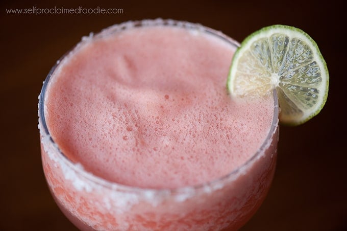 A close up of a blended watermelon margarita