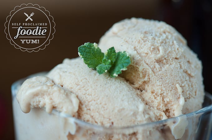 a close up of bourbon nectarine ice cream with mint garnish