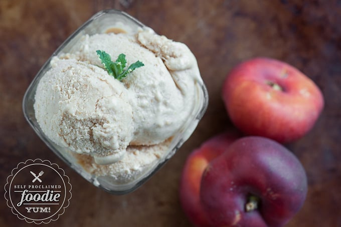 looking down at homemade bourbon nectarine ice cream