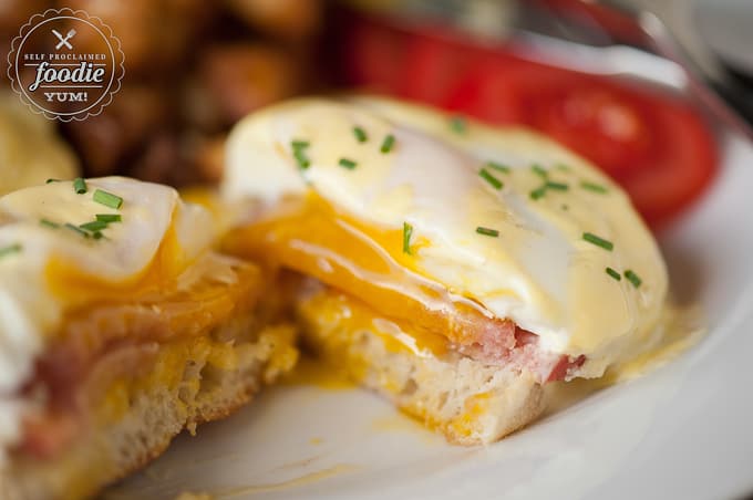 A close up of classic eggs Benedict