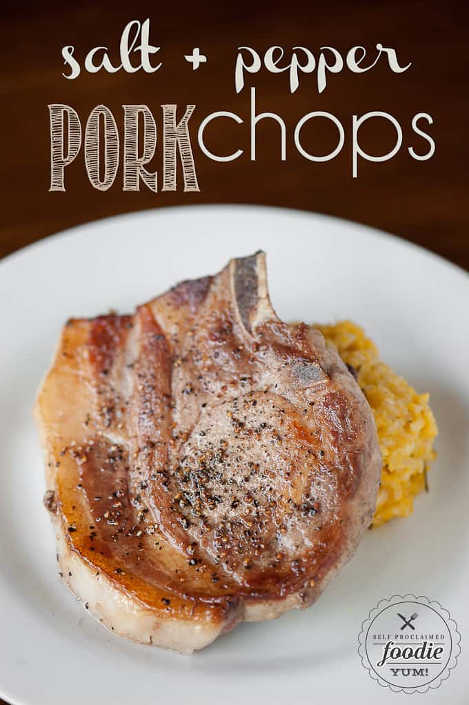 Pork chop on plate over butternut risotto
