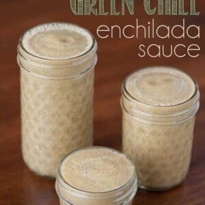 three mason jars filled with homemade green chile enchilada sauce