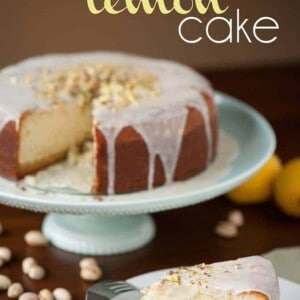 homemade lemon cake on platter and plate with pistachios and icing