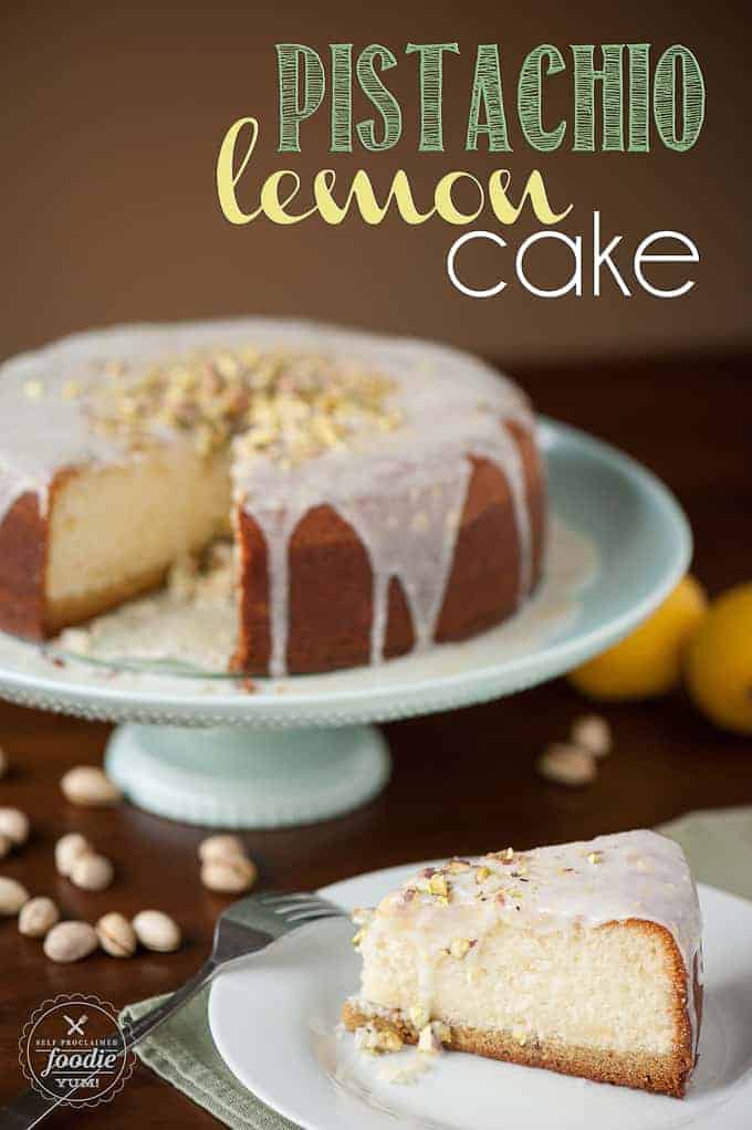 homemade lemon cake on platter and plate with pistachios and icing