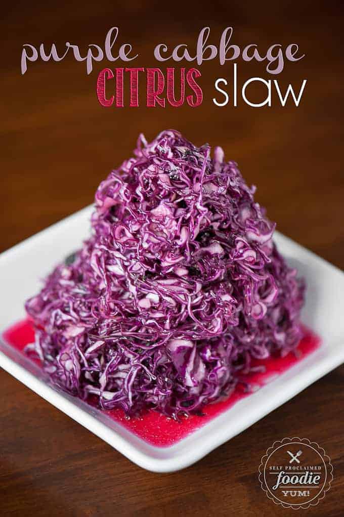 pile of purple coleslaw with a no mayo dressing on white plate