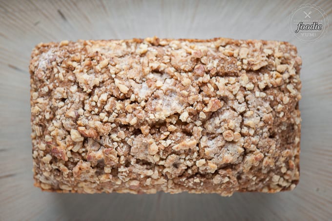 Pumpkin Banana Bread with Walnut Streusel made with canned pumpkin puree and mashed banana.