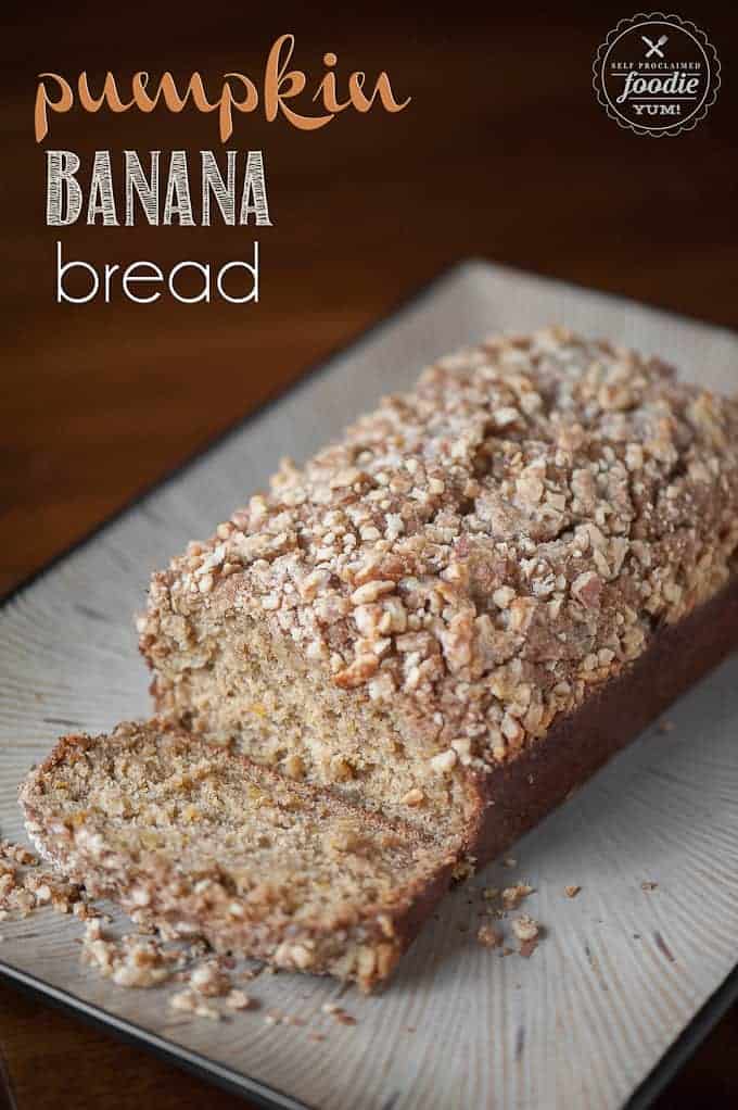 a loaf of pumpkin banana bread with walnut streusel topping