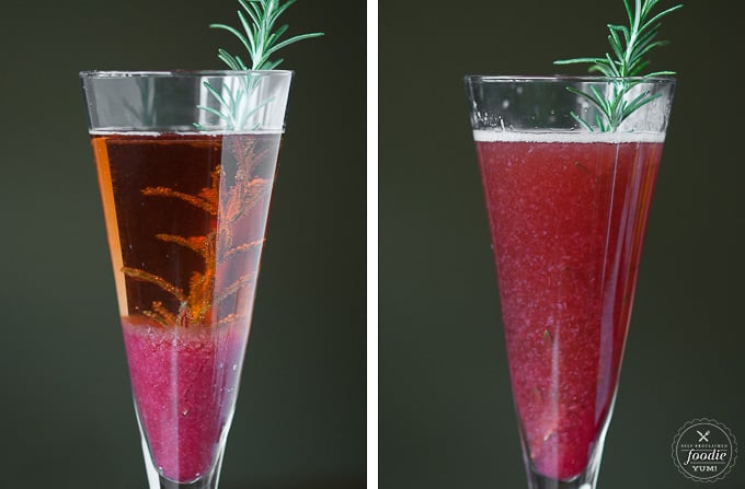 two glasses with cranberry pear moscato where one is layered and the other is mixed