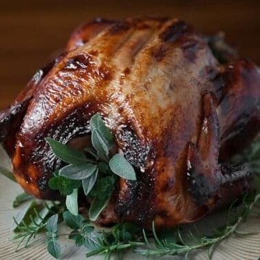 Damn Good Roast Turkey will impress your Thanksgiving guests! Oven roasted turkey made unbelievably moist and flavorful from apple cider brine and herbs.
