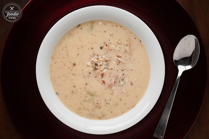 top view of a bowl of creamy leftover turkey soup