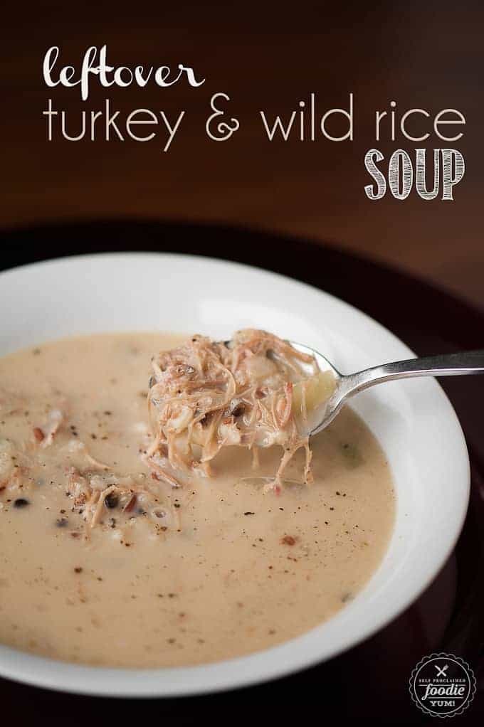 white bowl with creamy turkey soup with rice