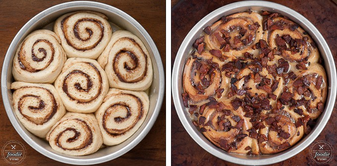 side by side photos of baked cinnamon rolls that get topped with bacon and maple glaze