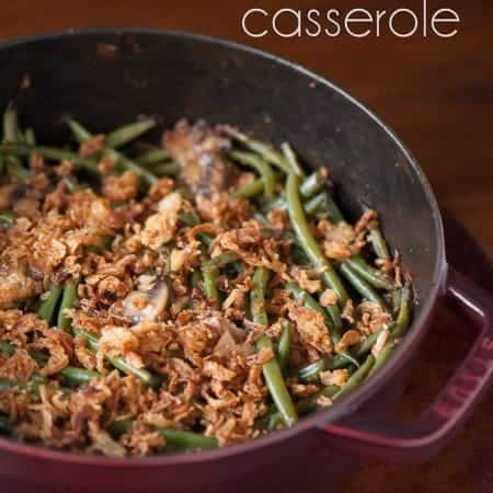 This Perfect Green Bean Casserole is made with fresh Hericot Vert green beans, fresh and dried mushrooms, and is topped with crispy fried onions.