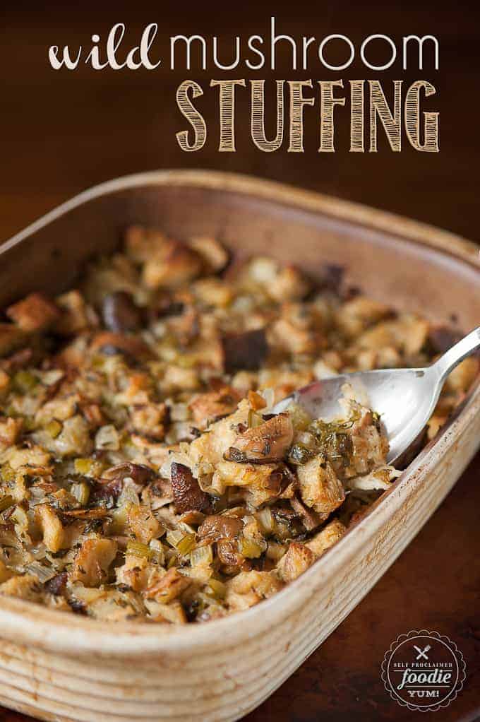 a baking dish of mushroom stuffing for Thanksgiving