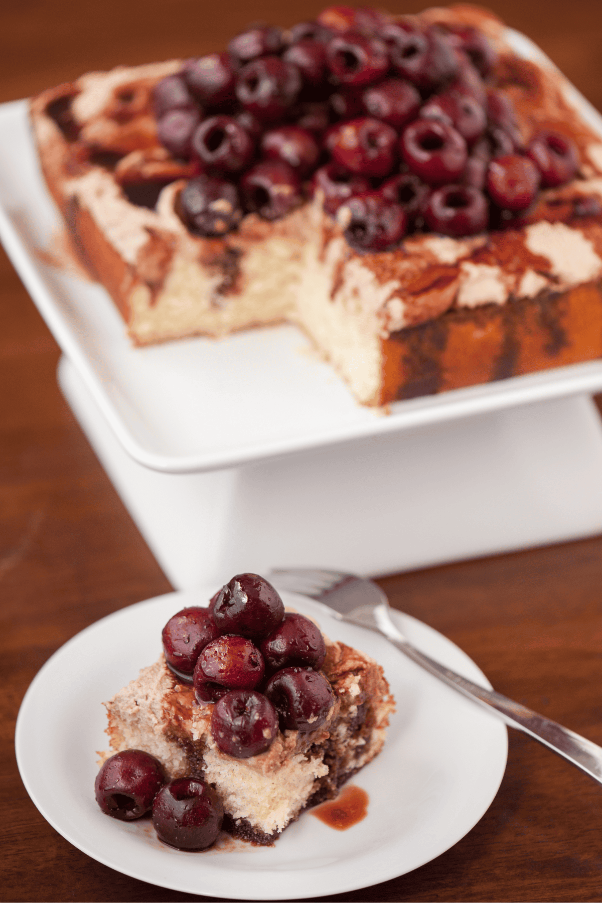 vanilla cake with mascarpone balsamic cherries.