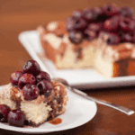 vanilla cake with mascarpone balsamic cherries.