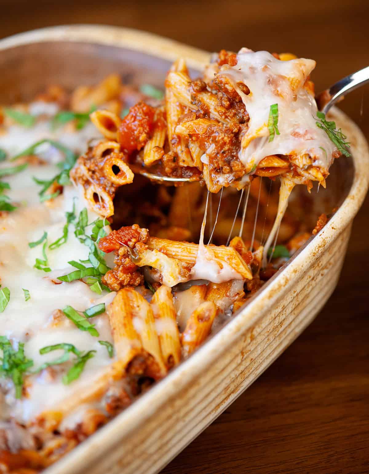 homemade cheesy sausage pasta bake