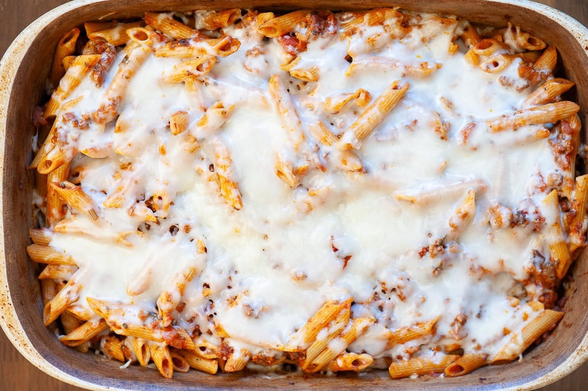 homemade cheesy sausage pasta bake