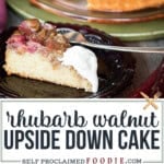 Rhubarb upside down cake with walnuts topped with whipped cream.