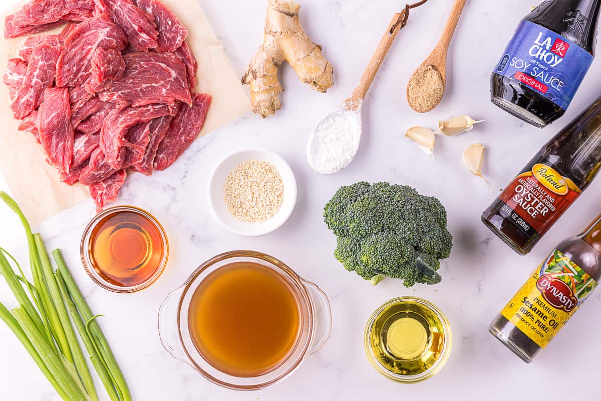 Ingredients needed to make Tender beef and crisp broccoli stir fry.
