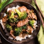 Classic beef with broccoli with a sticky sauce over rice.