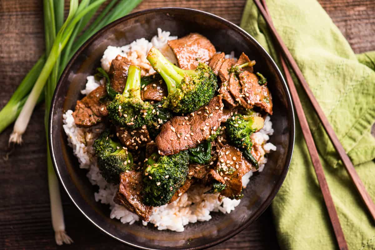 Classic beef with broccoli with a sticky sauce over rice.