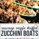 sausage and vegetable stuffed zucchini boats.