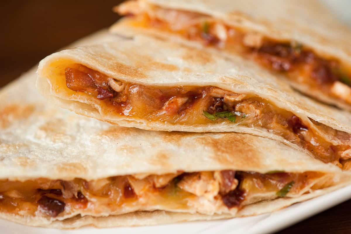 close up of the inside of a homemade chipotle chicken quesadilla.